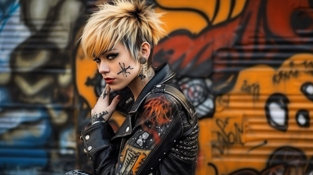 Любительница панк-рока в кожаной куртке и футболках группы стоит у стены с граффити, ее наряд отдает дань уважения ее бунтарским музыкальным корням.