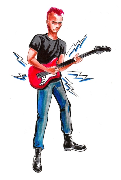 Punk rocker with electrical guitar. Ink and watercolor drawing