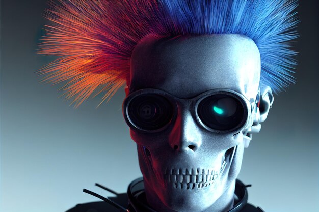 Punk skull with colorful hair cyberpunk concept Digital illustration