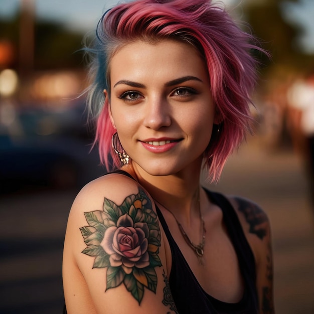 Foto donna punk tatuaggio piercing capelli colorati sorridente