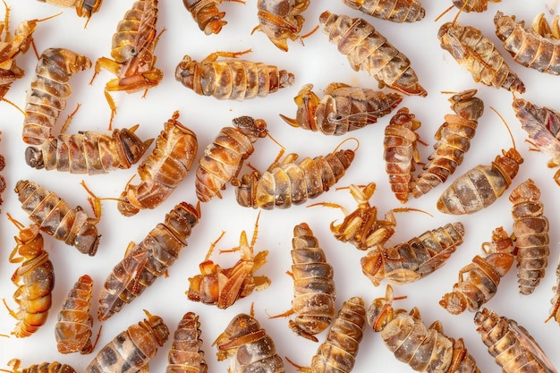 Pupa Silkworm Fried Food Texture Background Fried Insect Pattern Top View Meat Substitute Banner