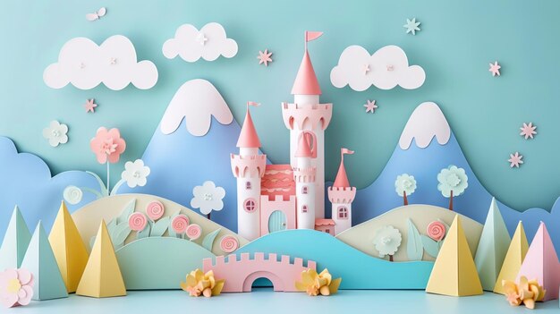 Puper cut craft illustration of bright big castle on the mountain