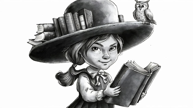 Pupil girl with books in master hat