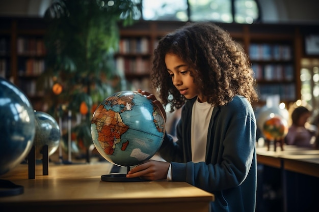 Pupil looking at a globe in the library Generative AI