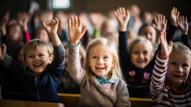 Pupils raising their hands during class at the elementary school