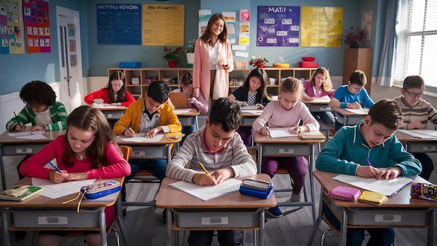 Pupils studying at desks in classroom