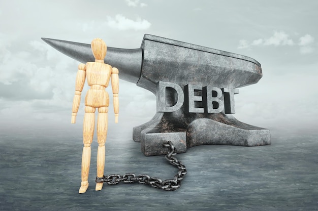 Photo puppet anvil with text debit the concept of financial obligations tax burden burden of responsibility responsibilities 3d illustration 3d render