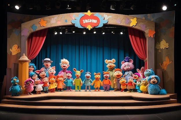 Puppet Palooza Kleurrijke personages wachten op het tekenfilmpodium