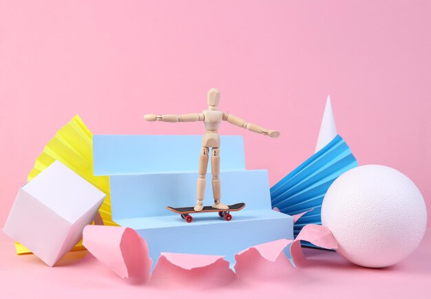 幾何学的形状のミニマリズム コンセプト アートとピンクの背景にスケート ボードと人形