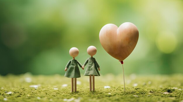 Puppets and hearts on a beautiful green background