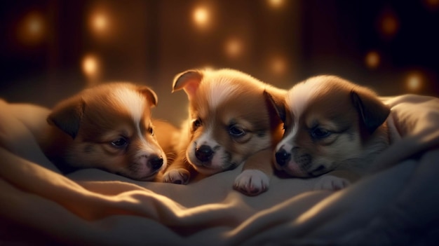 Puppies in bed at night Generative AI