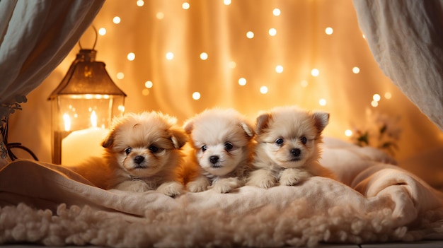 puppies on a bed with a lamp behind them