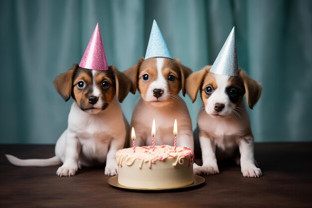 Foto cuccioli che festeggiano accanto alla torta di compleanno cagnolino biglietto di compleanno cani carini che indossano coni di festa