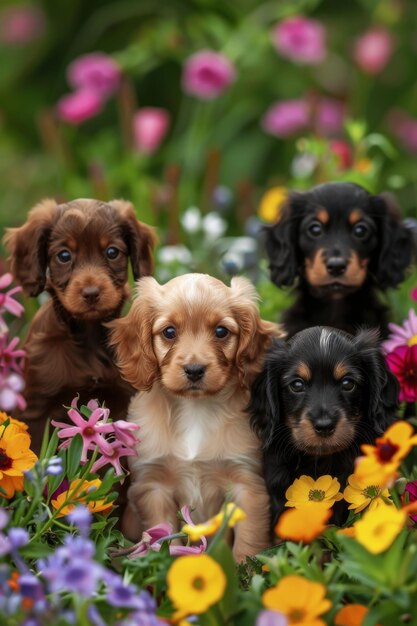 puppies on a floral background Generative AI