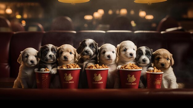 Puppies in a movie theater with popcorn