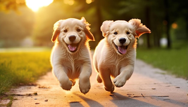 Photo puppies running on a path in the sun