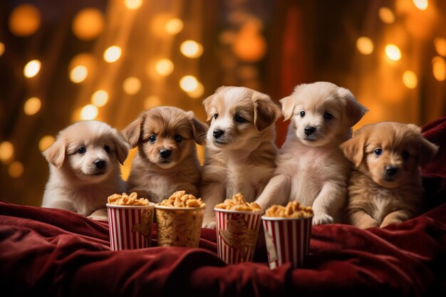 Puppies sitting in front of a christmas lights