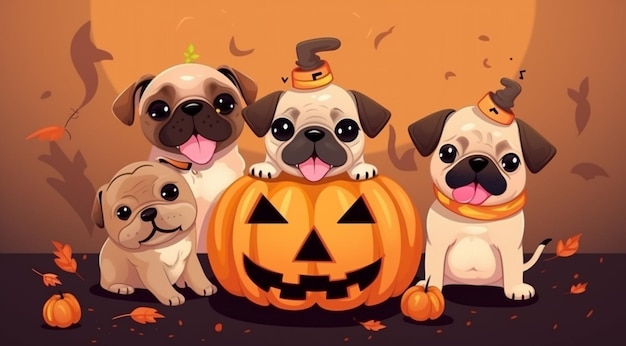 Puppies with pumpkins for Halloween created with Generative AI technology