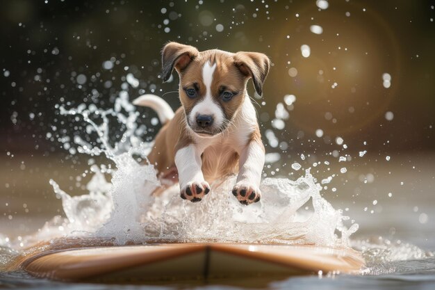 Photo puppy balancing on surfboard with water splashing around