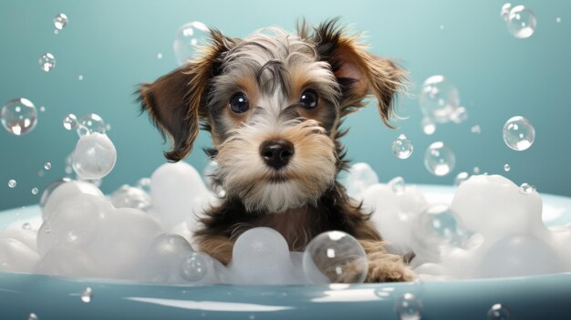 강아지 목욕과 거품 행복은 사랑스러운 청결과 즐거운 사랑스러운 은 털 놀이 거품을 위해