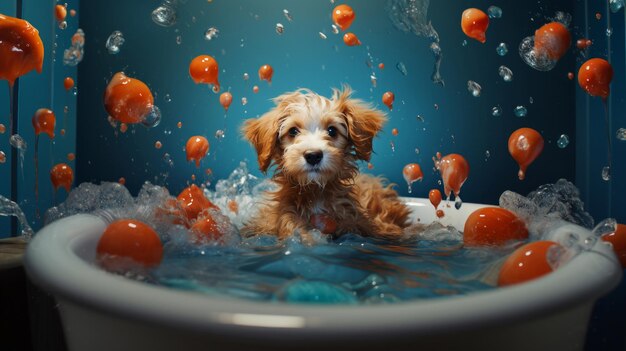 Puppy bath and bubbly bliss for adorable cleanliness and joyful pampering wet fur playful bubbles