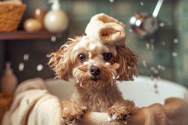 Puppy in a bathtub with a towel and a teddy bear hat