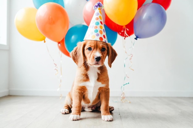 Puppy birthday celebration or new year with colorful balloon in a white room AI Generative