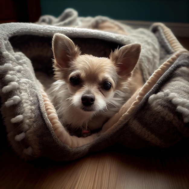 A puppy in a blanket lies on a blanket in the style of a Generative Ai movie