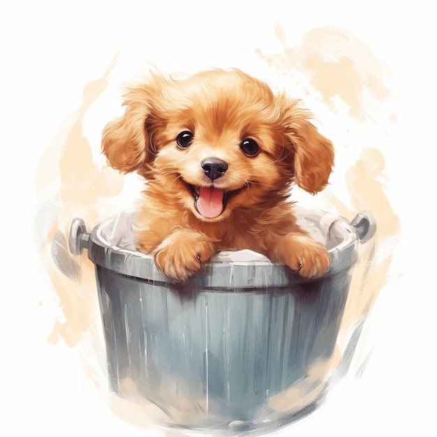 A puppy in a bucket of soap