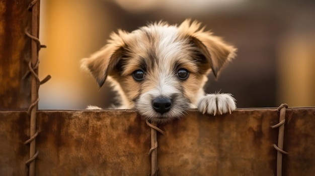 Puppy in a cage on a background of a brown wall Homeless animals Our little brothers