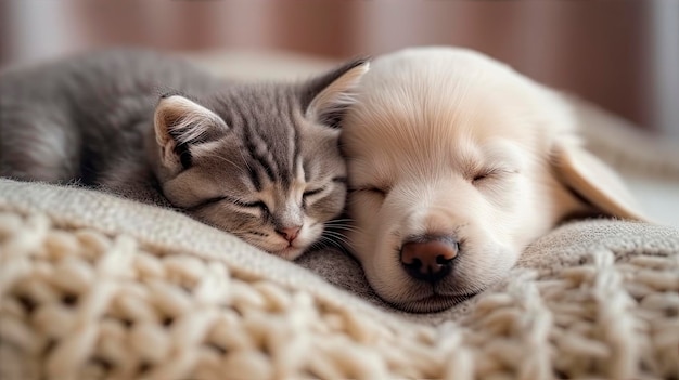 A puppy and a cat sleeping on a blanket