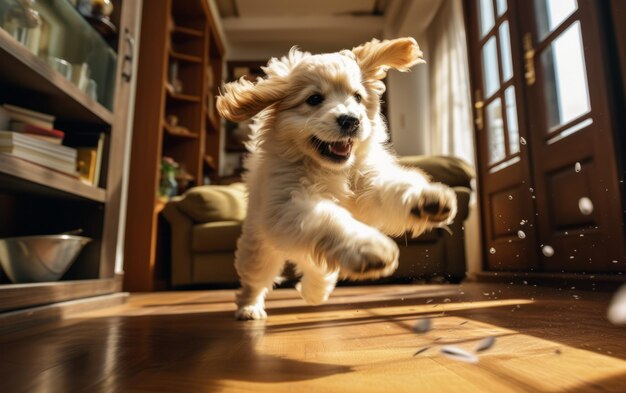 写真 嬉しそうに尻尾を追いかける子犬