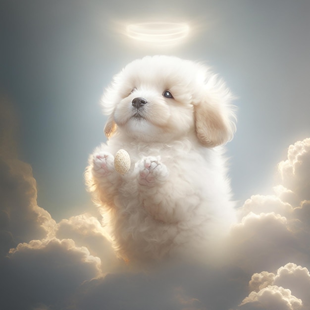 puppy in the clouds with a halo above his head generative ai