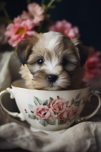 A puppy in a cup with flowers