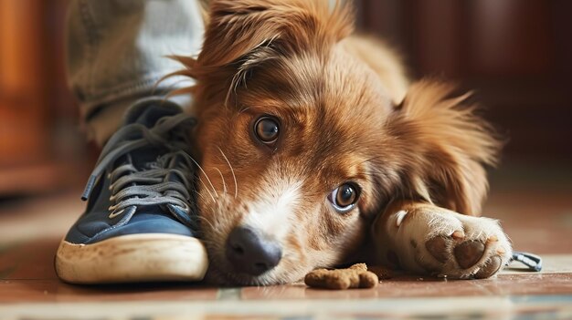 写真 犬犬と靴を床に クローズアップ 選択的な焦点