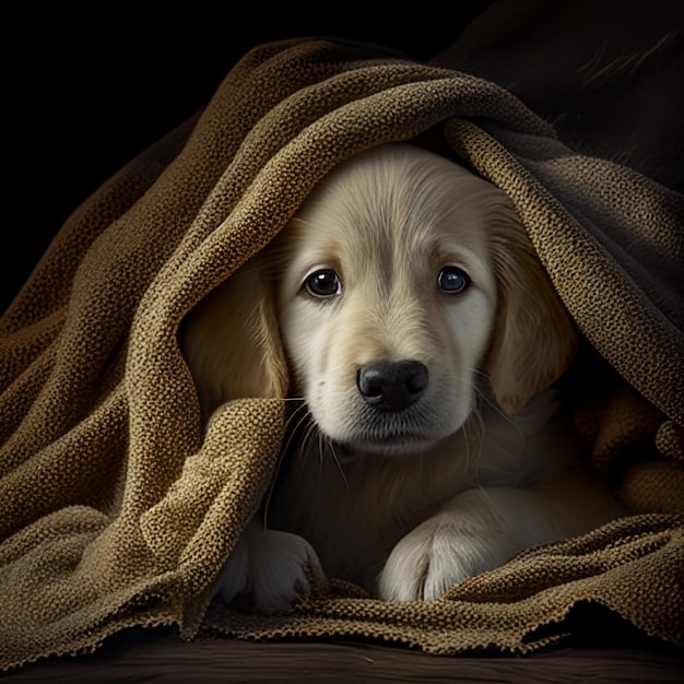 Puppy dog in a blanket on blanketed generative ai