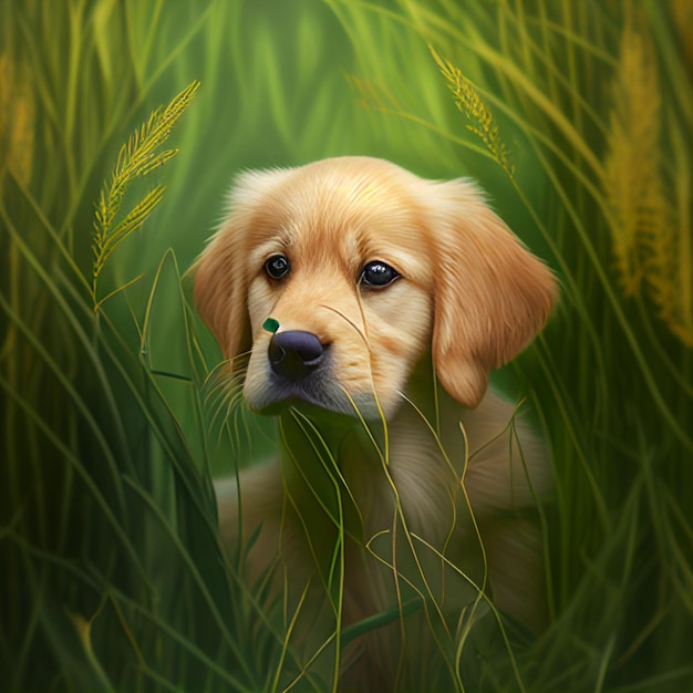 Puppy dog in the grass with a green background generative ai