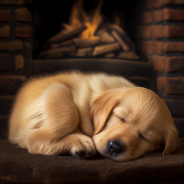 Puppy dog sleeping on a blanket in front of fireplace generative ai