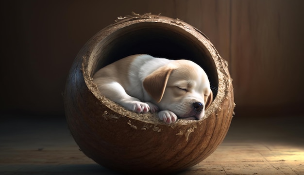 Puppy dog sleeping inside half coconut nut Generative AI