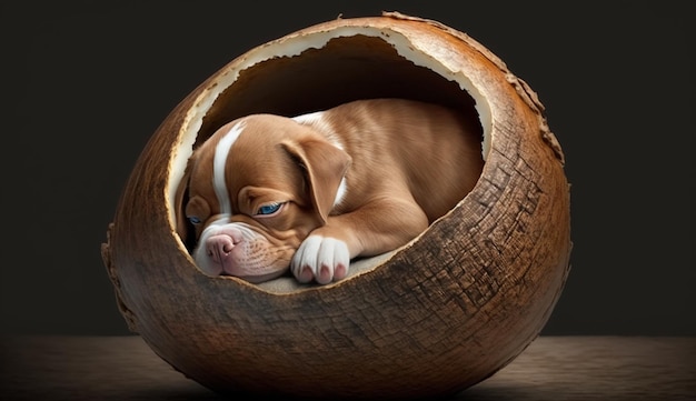 Puppy dog sleeping inside half coconut nut Generative AI