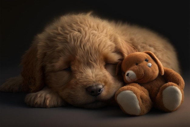 Puppy dog sleeping on a teddy bear toy generative ai