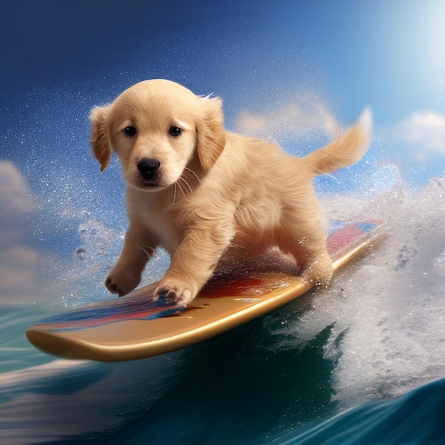 Puppy dog on surfboard in the water generative ai