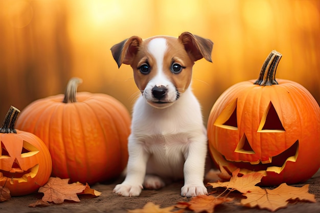 puppy dog with a pumpkin on an autumn