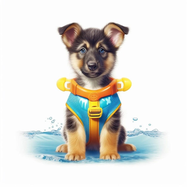 puppy draagt een reddingsvest en zit in het water met een reddingsboei generatieve ai