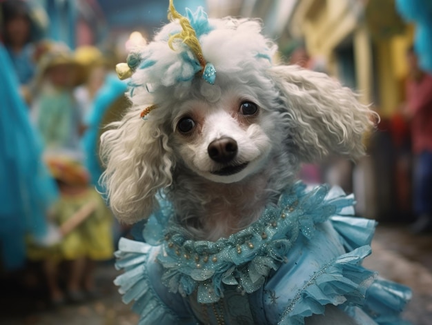 カーニバルで踊るドレスを着た子犬