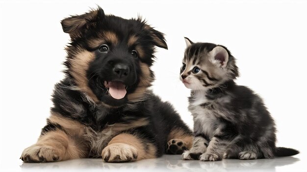 Puppy Duitse herder en kitten voor een witte achtergrond