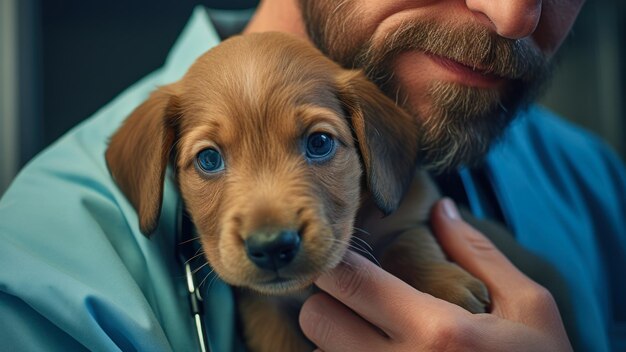 写真 青い服を着た医が抱きしめた子犬