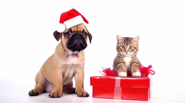 puppy en kitten in rode kersthoeden zitten met een geschenkdoos