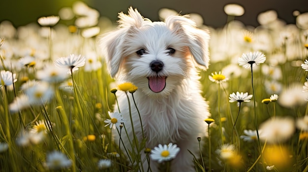 a puppy in a field of daisies with daisies in the background.