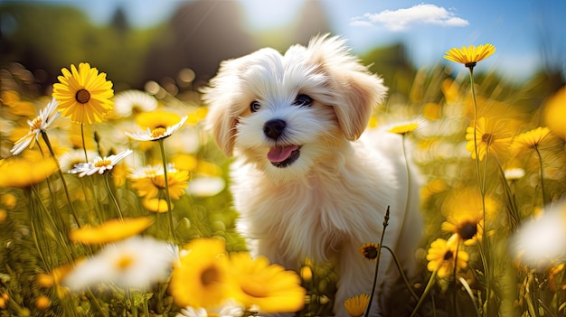 a puppy in a field of flowers